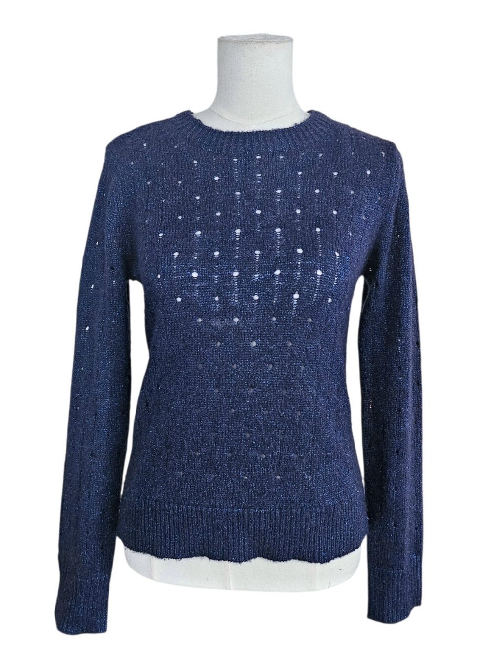 PAIGE Metallic Wool Blend Navy Sequin Open Knit Crewneck Sweater XS